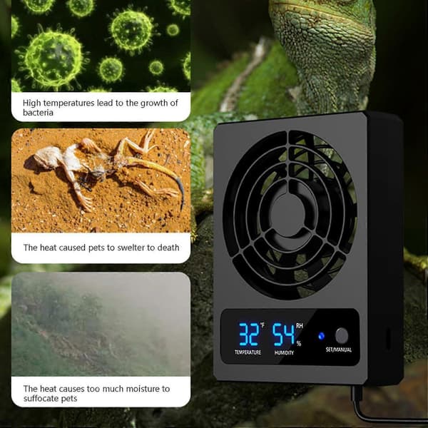 Ventilationsventilator til krybdyrbur, effektiv køleventilator med fugtighedsmåler og LED-display til regnskovsterrarier og slanger