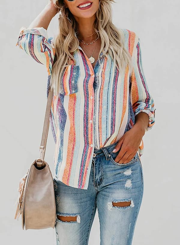 Women's V-Neck Striped Roll-Up Sleeve Button-Down Shirt Top