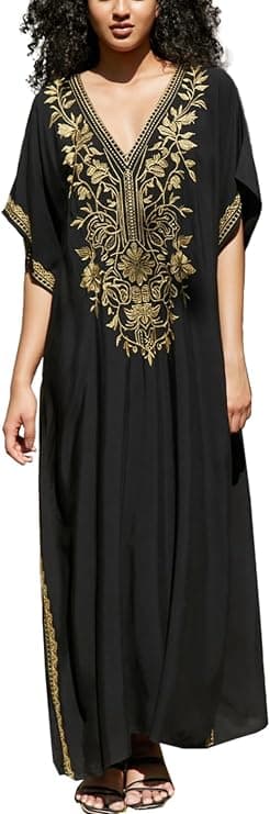 YouKD Kaftan med blomsterbroderi, bohemisk strandkjole, bikini-overdel, lang strandkaftan for kvinner-FA-