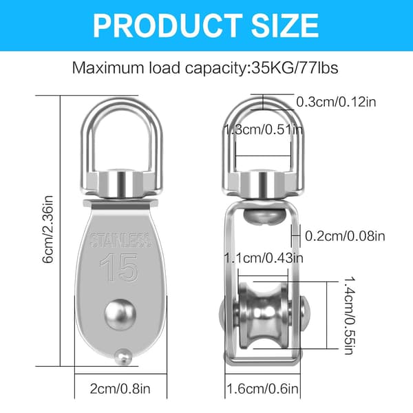 Drejelig enkelt remskive 5 stykker M15 Heavy Duty rustfrit stål Sing