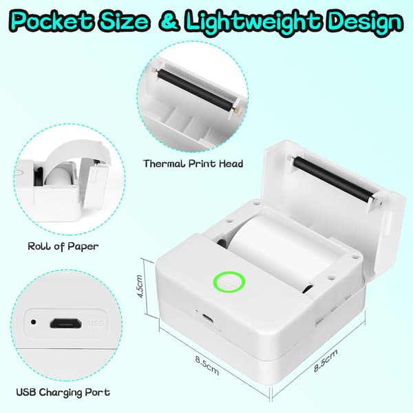Mini Thermal Portable Photo Printer, Rechargeable Direct Wireless Pocket Printer Compatible with iO