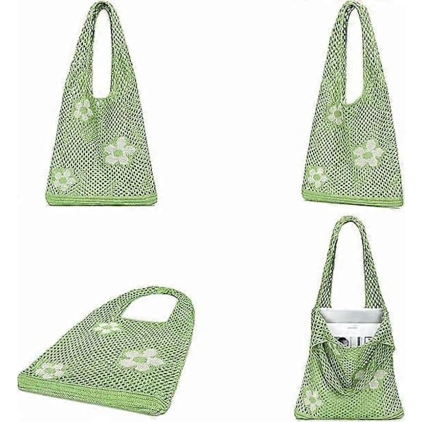 Hæklede håndtasker til kvinder, sommer strandvævede tasker Boho strikkede skuldertasker Blomster Shopping Rejse Afslappede punge til festivaler