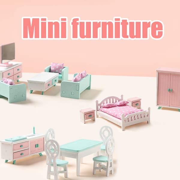Flickor Trä Rosa Sovrum Lekset Låtsaslek Dockhus Möbler Set Simulering Miniatyr Display Modell 0.5