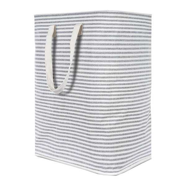 72L Grey Striped Laundry Hamper, Foldable Waterproof Fabric, Large Capacity