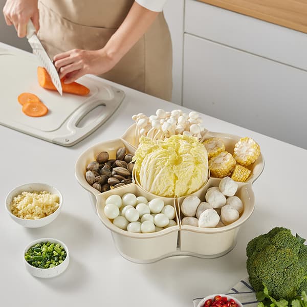 Rotatable Vegetable Basket with 6 Compartments Reusable Durable Washing Strainer Kitchen Accessory Cream Cream