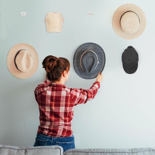 White 16-Pack Self-Adhesive Hat Hangers - Self-Adhesive Wall Hat Holder for Baseball Caps - No-Drill Wall Mount for B