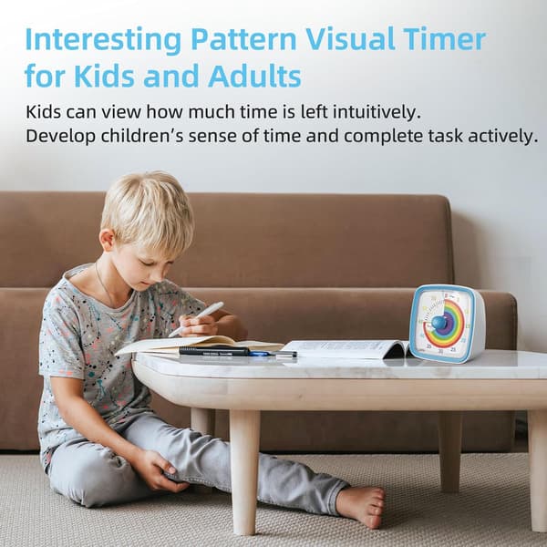 60-minutters visuel timer med natlys, nedtællingstimer til klasseværelse, hjem, køkken, kontor, Pomodoro-timer med regnbue-mønster til børn og voksne