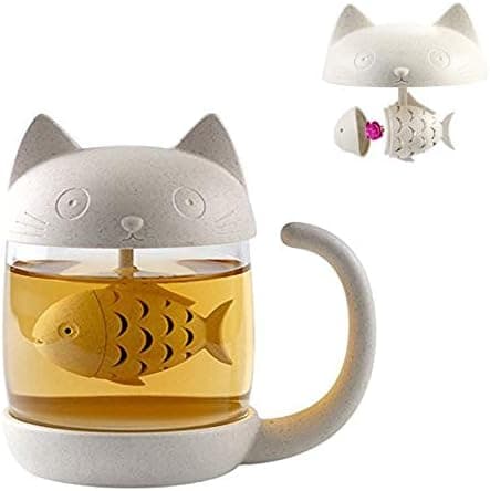 Cat Glass Teacup, Water Bottle with Fish-shaped Teapot, Str