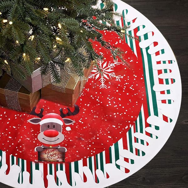 1 pc 78 cm red Christmas tree mat, Christmas tree with reindeer pattern