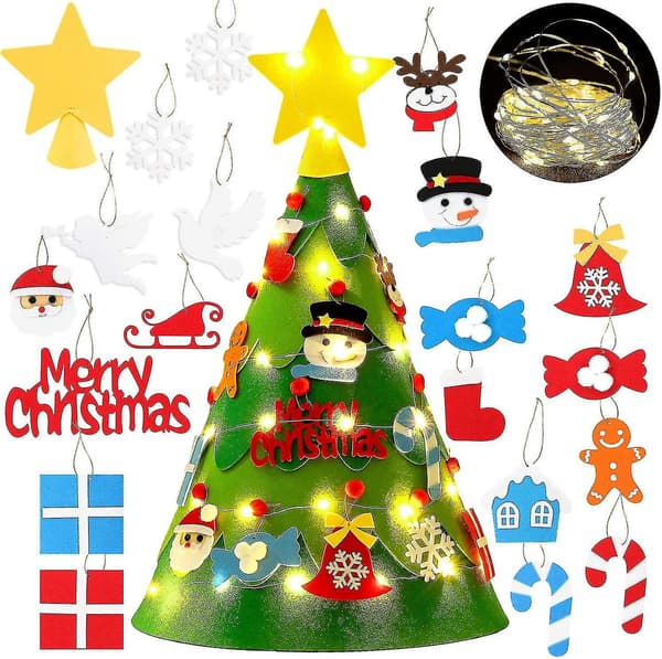 Filtgran Julgran DIY Julgran med Ornament Ljusslinga för Barn