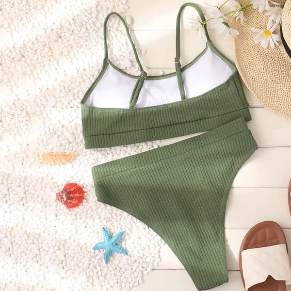 Kvinnor Hög Midja Ribbad Cami Bikini Baddräkt Armégrön L-US12