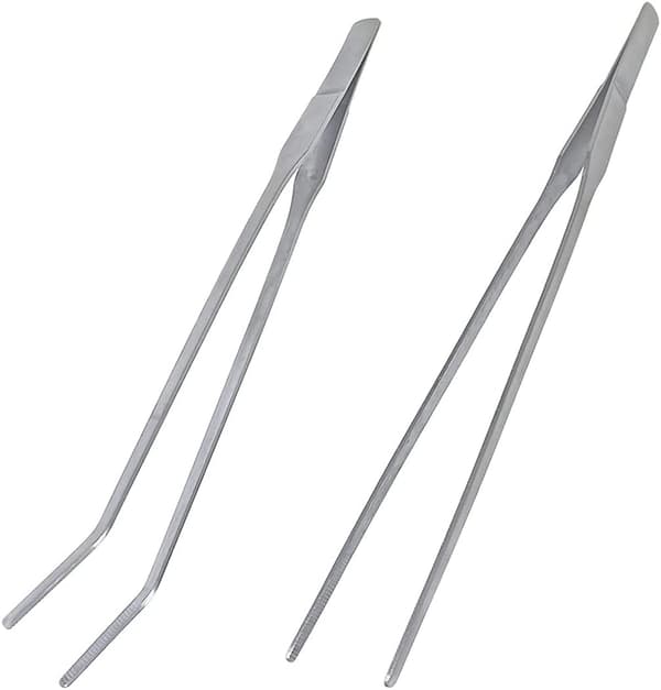 2 rustfrie pinsetter, rette og bøyde, for vannplanter