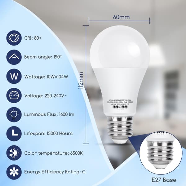 A60 E27 LED-lampa Kallvit 6500K - 10W A60 Globlampor - 1600 lumen - CRI ≥ 80 - Ej dimbar - 7-pack