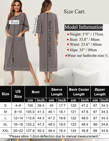 Women's Front Zipper Robe, 3/4 Sleeve, Full Length Pajamas