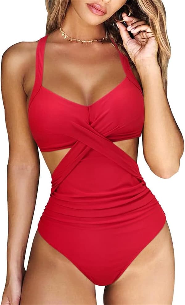 Women's One Piece Swimsuit Front Cross Cutout Tummy Control High Waisted Bikini M (Red)