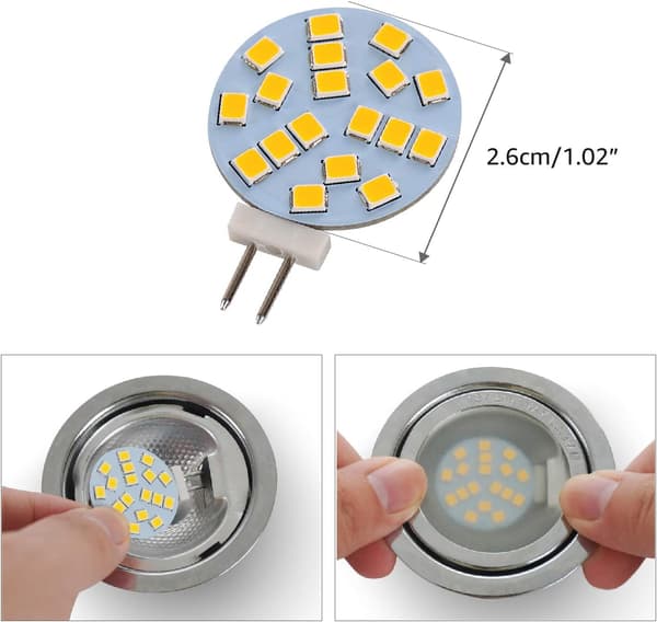 6 stk runde varmhvite G4 LED-pærer, 2W erstatter 20W halogenbase