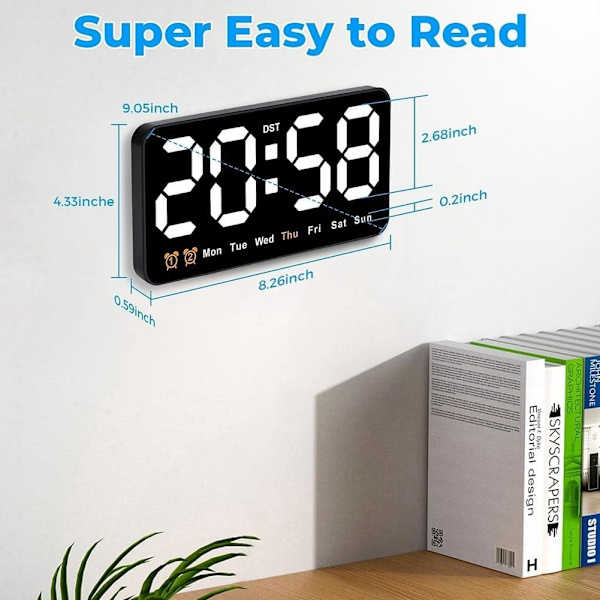 Digital väggklocka, 9 tum LED-digitalklocka med 12/24 timmar, stora siffror, liten tyst väggklocka White Light