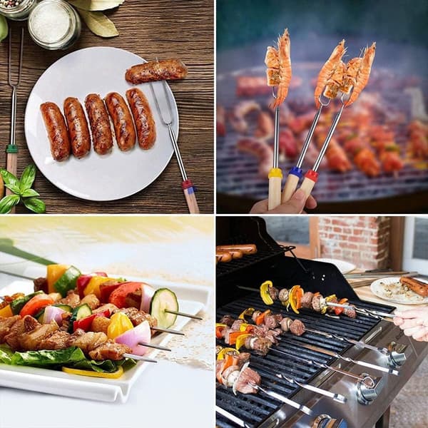 Telescopic Grill Fork, 8 Pieces, Stainless Steel with Wooden Handle, Extends to 80 cm, with Bag