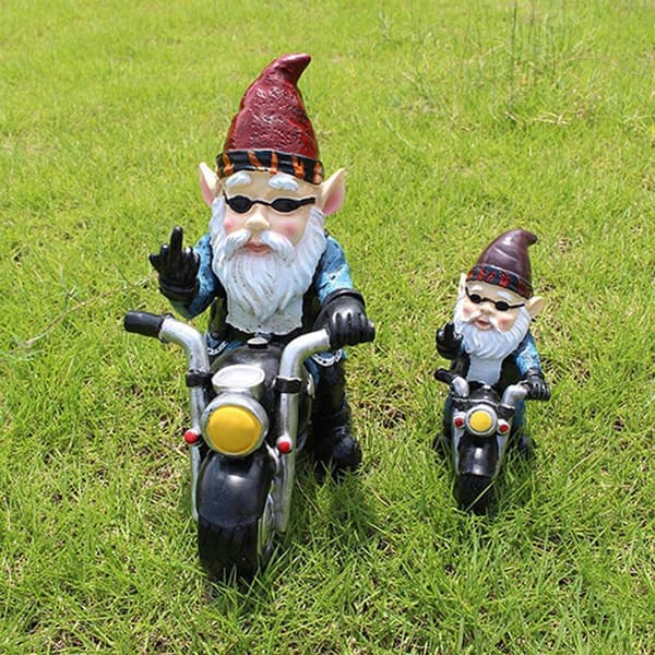 Dværg havedekoration, sjov havegnomfigur, gnomcyklist (