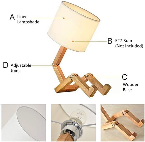 Robotbordlampe i tre med stoffskjerm og E27-pære