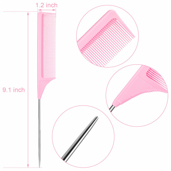 3-pack Råttsvans Kammar i Stål med Kolfiber, Värmebeständiga, för Tupering (Rosa) Pi Pink 3 Count (Pack of 1)