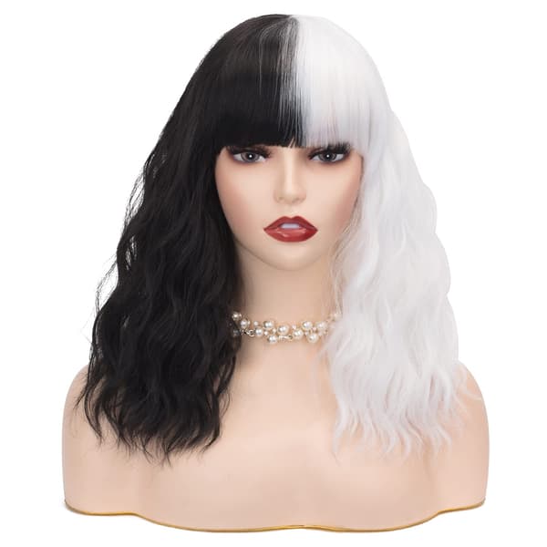 Black and White Full Wig with Bangs, Short Wavy, Heat Resistant