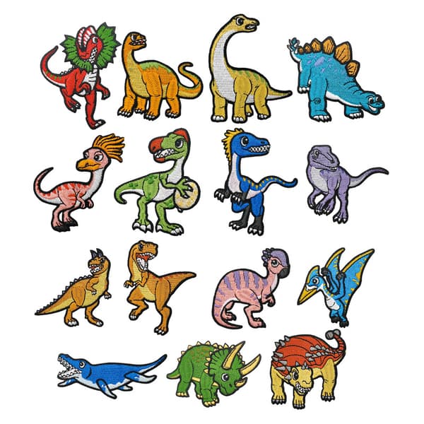 15 broderte strykeapplikasjoner med dinosaurmønster