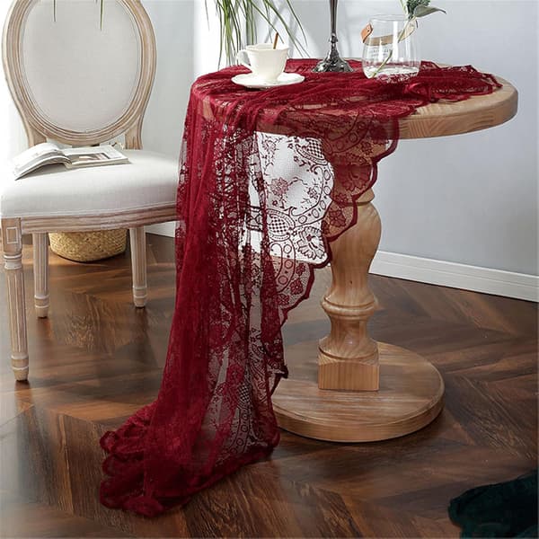 (Ca 190 cm, Röd) Elegant Röd Spetsduk Vintage Utskuren Spets