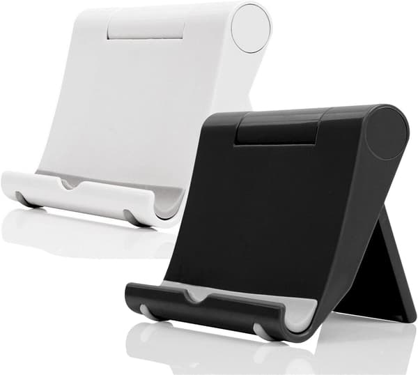 Bordstelefonholder 2-pakning, sammenleggbar, universell justerbar nettbrettholder for skrivebord (svart+hvit)