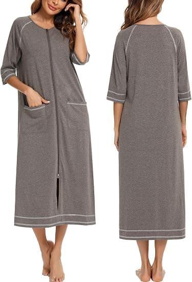 Women's Front Zipper Robe, 3/4 Sleeve, Full Length Pajamas