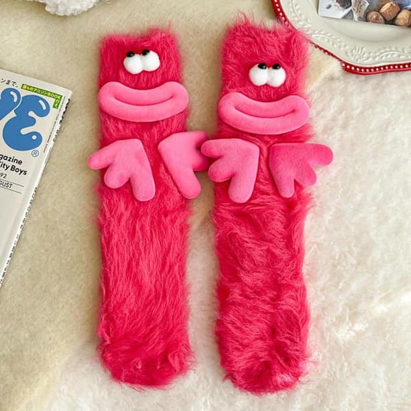 Sjove grimme plysstrømper med store øjne til piger - Søde, bløde strømper til midt på læggen, 4 farver tilgængelige, Grøn, One Size Green One size