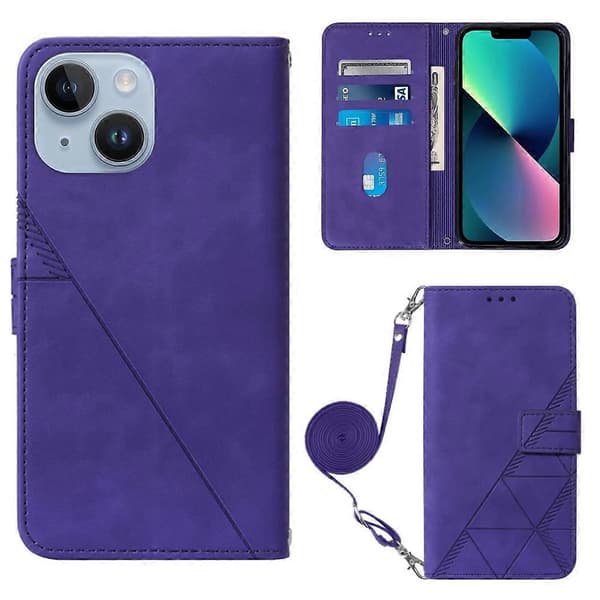 Crossbody 3D-præget flipcover i læder, lilla lilla til iPhone 15 Plus Purple For iPhone 15 Plus