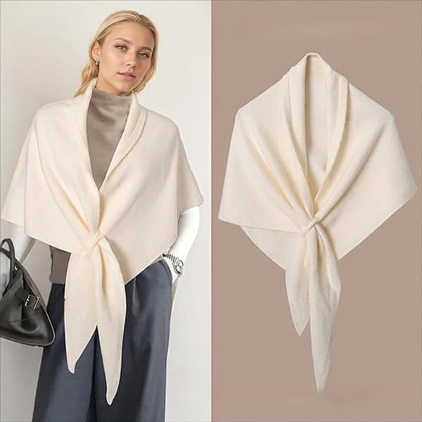 Women's Knitted Shawl - Triangular Shawl - Triangular Shawl Cape - Scarf - Outerwear - Warm - Soft - Elegant and Simple - White