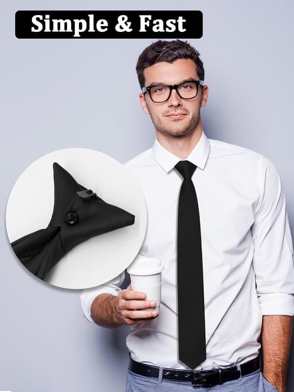 Sorte clip-on slips til mænd, forbundet ensfarvet slips, herreslips til forretningsmiddag, dimission - Black