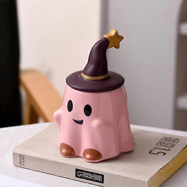 Halloween Ghost Ceramic Mug, Novelty Themed Mug, 401-500ml Halloween Coffee Mug with Lid - Friendly Ghost (Pink) Pink