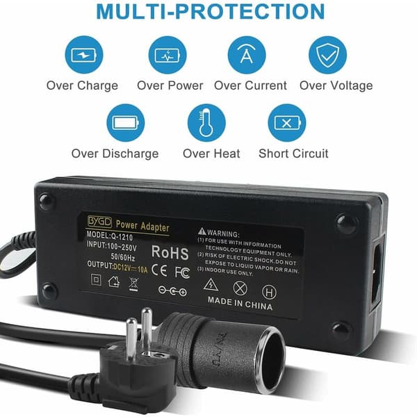 AC til DC-adapter 12V 10A 120W, 220V/230V/240V konverter bilcigarettænder strømforsyningsadapter