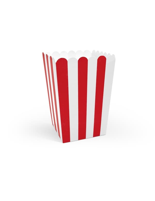 6 Røde og hvide popcornbægre i papir 7 x 12,5 cm