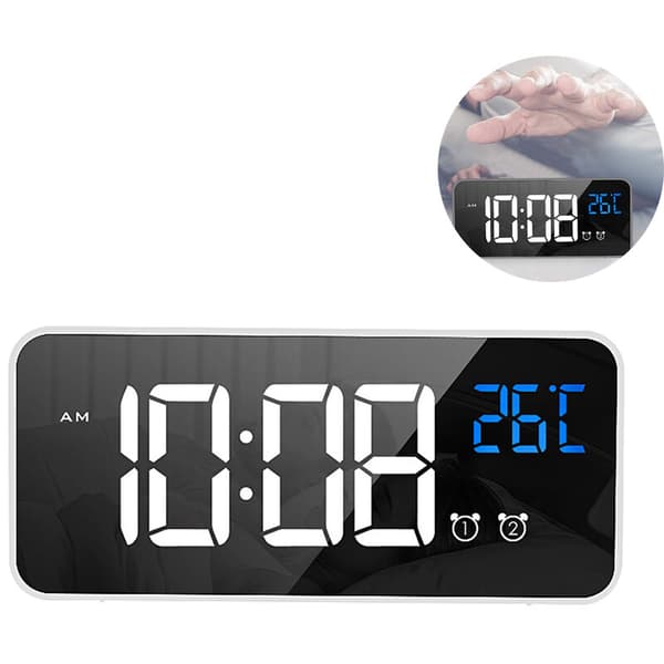 Digital vekkerklokke med LED-display, USB-ladeport, lydkontroll, alarmtoner, justerbart volum og lysstyrke, 12/24 timer, slumrefunksjon, hvit