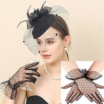 2 stk. cocktailpartyhat til kvinder og netmaskehandsker, fjerhat og anti-UV-handsker