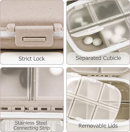 beige 1 pillearrangør, 8 rum, lille bærbar pillearrangør til pung, medicin, vitaminer