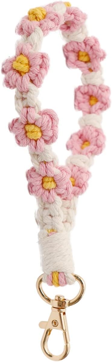 Boho Makramé Håndleddsnøkkelring Håndlaget Veving Tusenfryd Blomst Armbånd Nøkkelringholder Håndleddsstropp