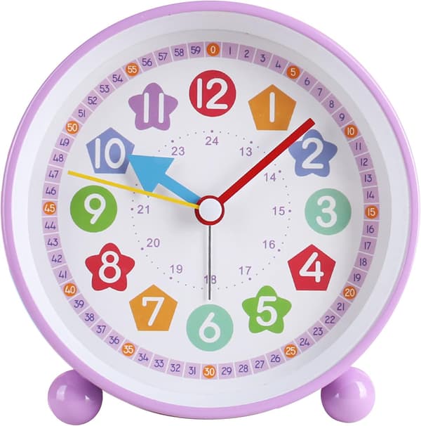 Kids Clock Cute Animal Learning Clock Silent With Night Light, Suitable for Children's Bedroom Desk Bedside (Purple)