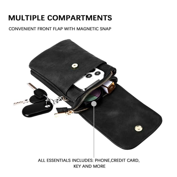 Small PU Leather Crossbody Bag for Women, Black - Phone Bag, Wallet with Adjustable Shoulder Strap