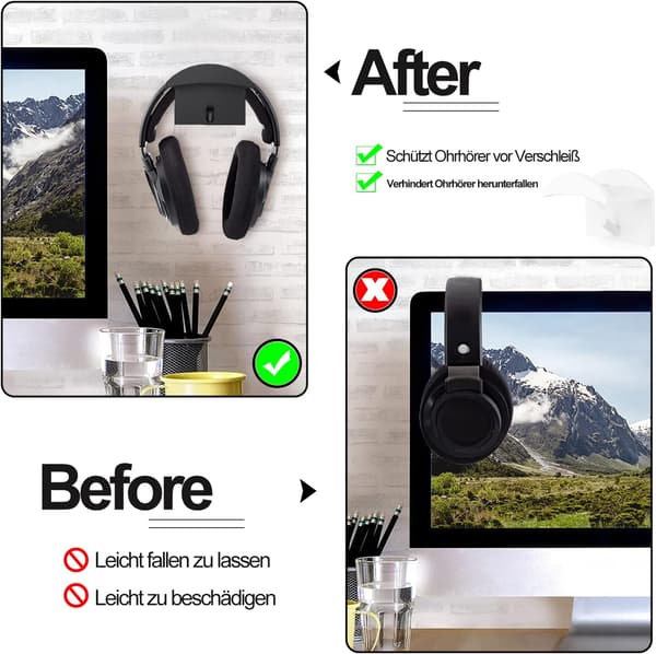 2 stk. hovedtelefonholdere, ingen boring nødvendig Silikagel Headp