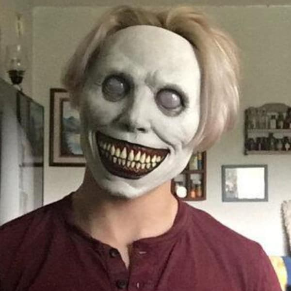 Scary Horrifying Horror Cosplay Exorcist Mask Smiling Face Carnival Party Costume Props (White)
