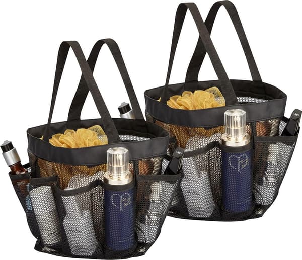 Mesh Shower Caddy, 2 Pack Black, 8 Pockets, Hanging for Dorm, Gym, Beach, Camping