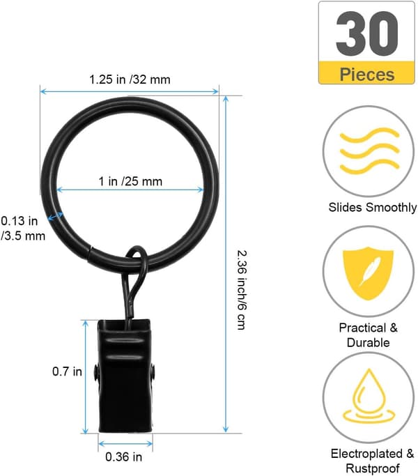 30-pack Black Curtain Rings with Clips - 25mm Small Metallic Drapery Hanging Loops Circle with Clip
