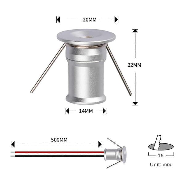 Mini Downlight DC12V 1W 3000K 9-pak Sølv, Bruges til indendørs belysning i skabe, skabsbelysning, kunstværksbelysning