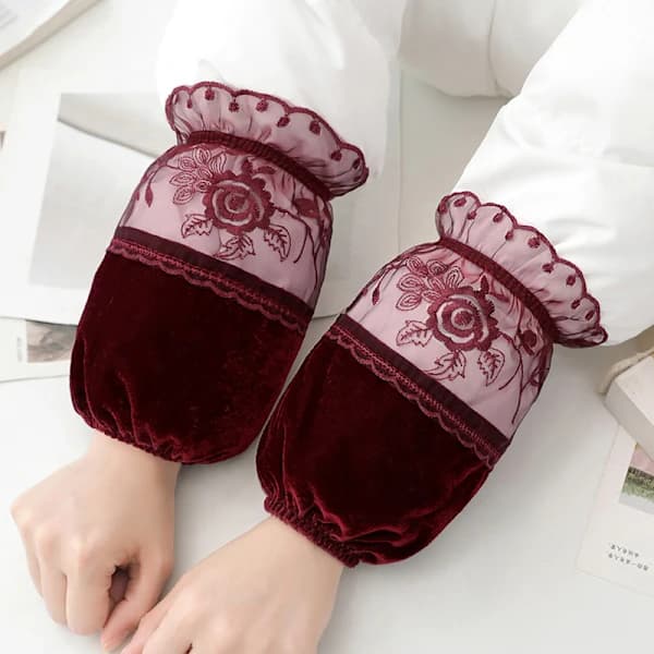 Efterårs- og vinter-ærmebeskyttere i guldvelour med blonder, korte, anti-plet, til voksne kvinder og studerende, vinrød wine red