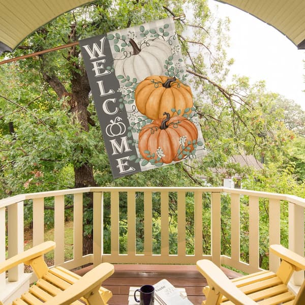 Efterår Velkommen Græskar Hus Flag Dobbeltsidet, Eukalyptusblad Efterår Thanksgiving Høst Gård Udendørs Indretning